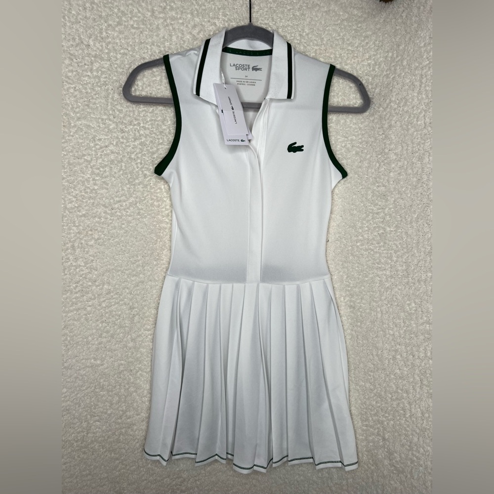 Lacoste White Sleeveless Tennis Dress with Green Trim